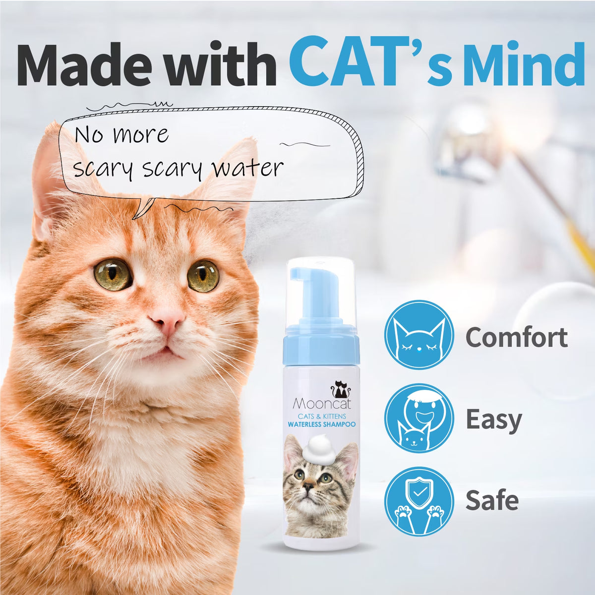 Waterless Cat Shampoo, No Rinse Foam for Kittens & Seniors, Licking Safe Dry Bath & Dander Reducer, 5 Oz