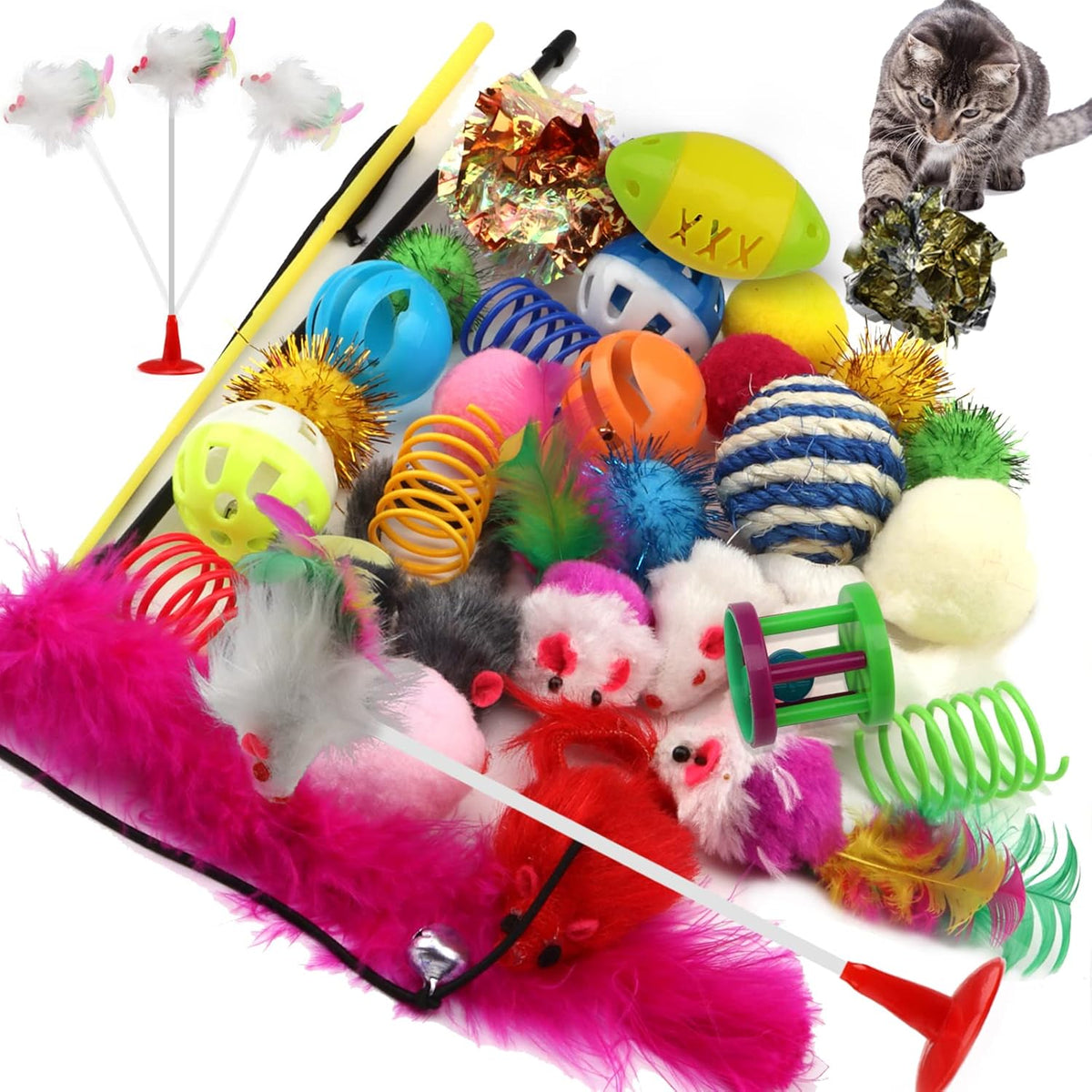 Cat Toys Kitten Toys Assortments, 32 Packs Cat Toys Variety Pack for Kitty, Cat Balls with Bells,Cat Feather Toy, Cat Mouse Toy, Cat Crinkle Balls, Catnip Toys for Indoor Cats Kittens