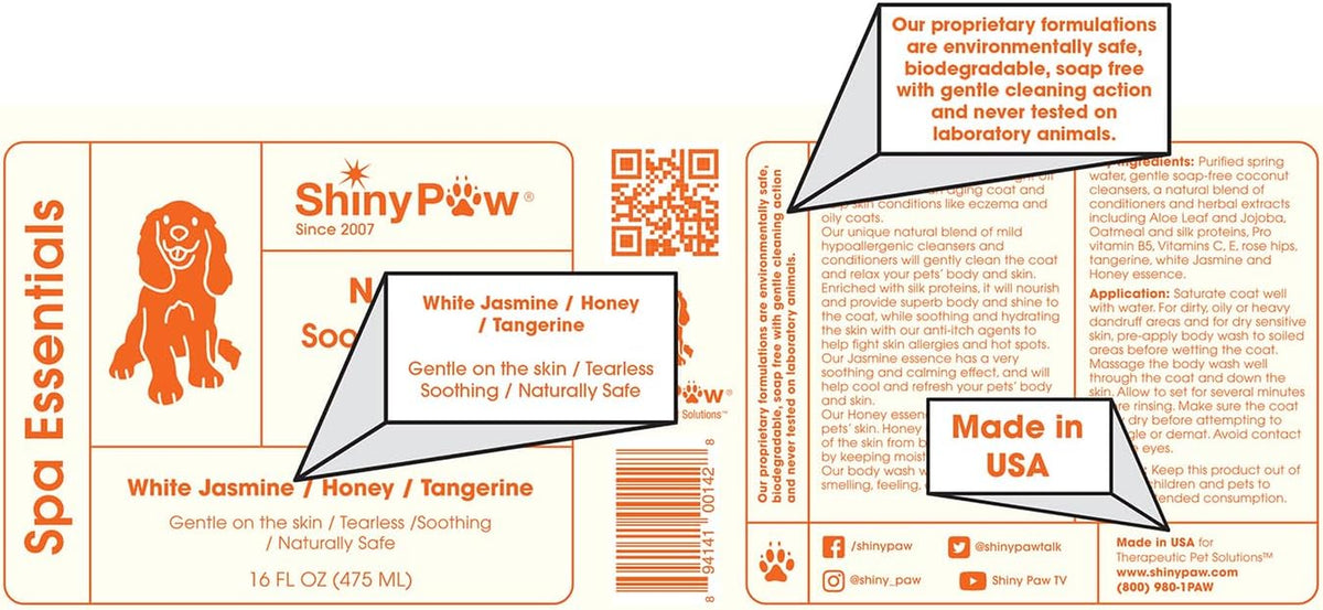 Jasmine & Honey Spa Body Wash for Dogs by Shiny Paw 16 Oz | Dog Itchy Skin Relief & Aging Coat | Hypoallergenic Dog Shampoo for Smelly Dogs | Made in USA