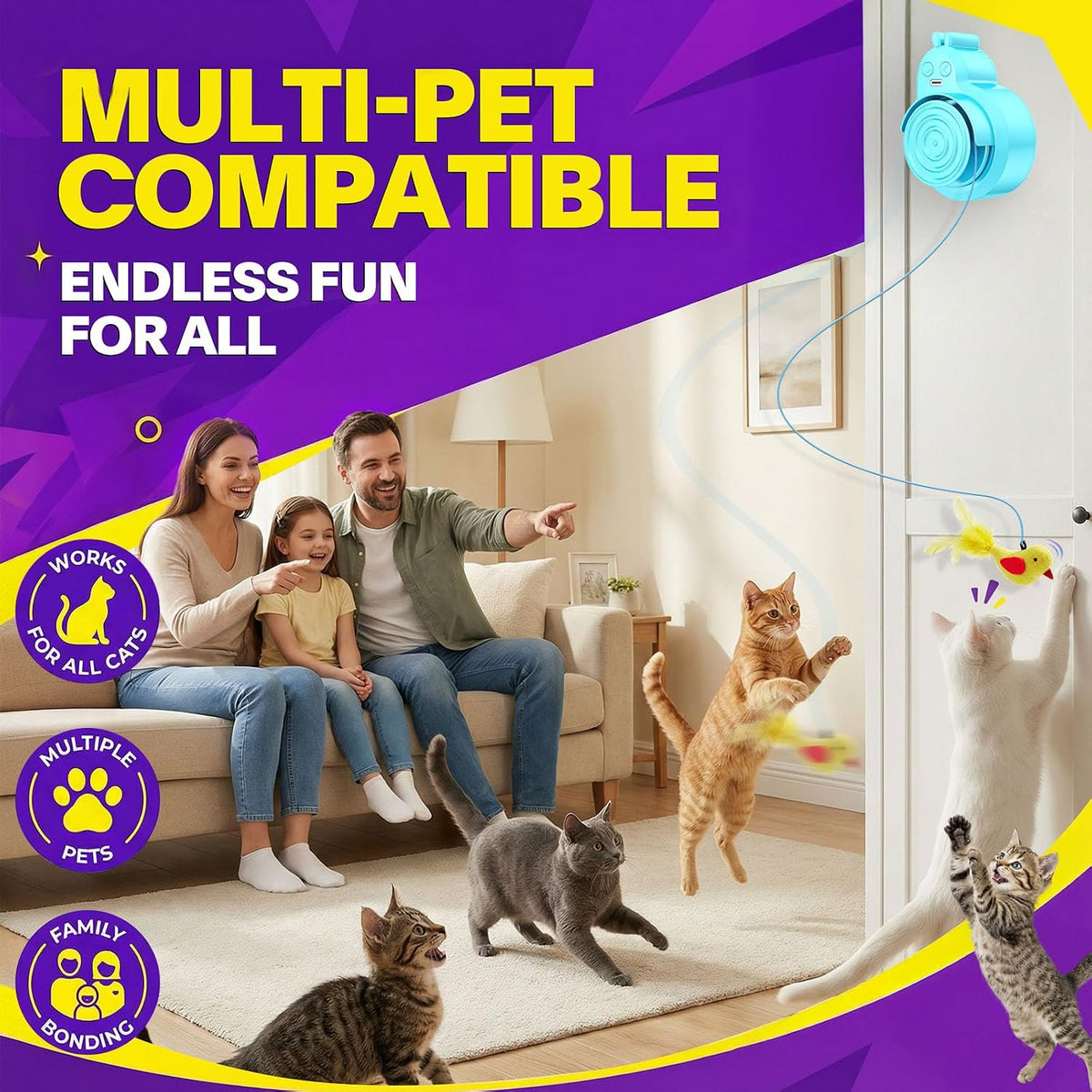 Interactive Cat Toys for Indoor Cats: Automatic Electric Flying Bird Feather & Mouse Wand, Rechargeable Electric Hanging Play Chase Exercise Moving Enrichment Toy for Bored Kittens and Adult Cats
