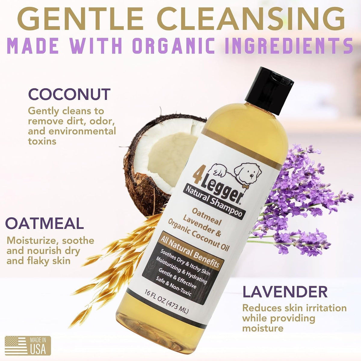 All Natural Organic Oatmeal Dog Shampoo for Itchy Skin with Aloe, Coconut & Lavender Essential Oil, Hypoallergenic, Moisturizing for Normal, Dry, Itchy, or Sensitive Skin, USA Made, 16 Oz